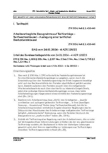 Vorschauseite 1: Arbeitsvertragliche Bezugnahme auf Tarifverträge – Tarifwechselklausel – Auslegung einer tariflichen Besitzstandsklausel