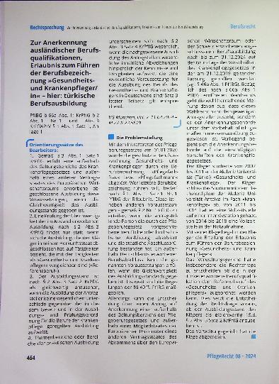 Vorschauseite 1: Zur Anerkennung ausländischer Berufsqualifikationen, Erlaubnis zum Führen der Berufsbezeichnung »Gesundheitsund Krankenpfleger/in« - hier: türkische Berufsausbildung