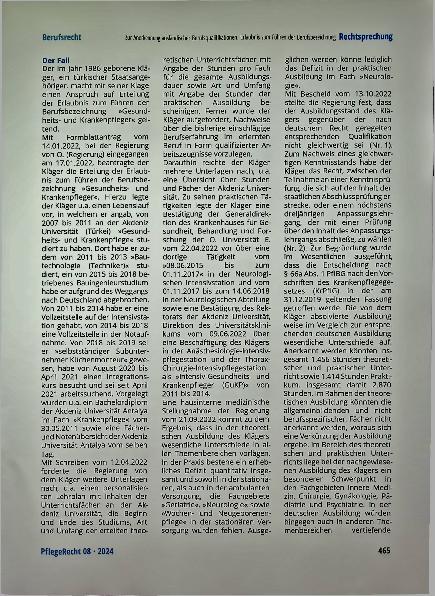 Vorschauseite 2: Zur Anerkennung ausländischer Berufsqualifikationen, Erlaubnis zum Führen der Berufsbezeichnung »Gesundheitsund Krankenpfleger/in« - hier: türkische Berufsausbildung