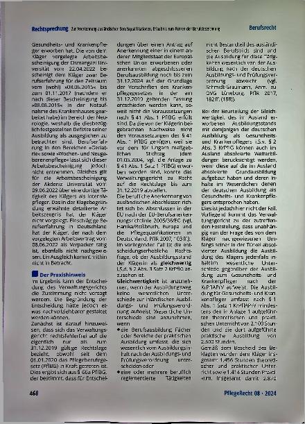 Vorschauseite 5: Zur Anerkennung ausländischer Berufsqualifikationen, Erlaubnis zum Führen der Berufsbezeichnung »Gesundheitsund Krankenpfleger/in« - hier: türkische Berufsausbildung