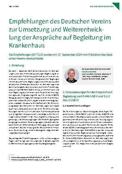 Vorschauseite 1: Empfehlungen des Deutschen Vereins zur Umsetzung und Weiterentwicklung der Ansprüche auf Begleitung im Krankenhaus