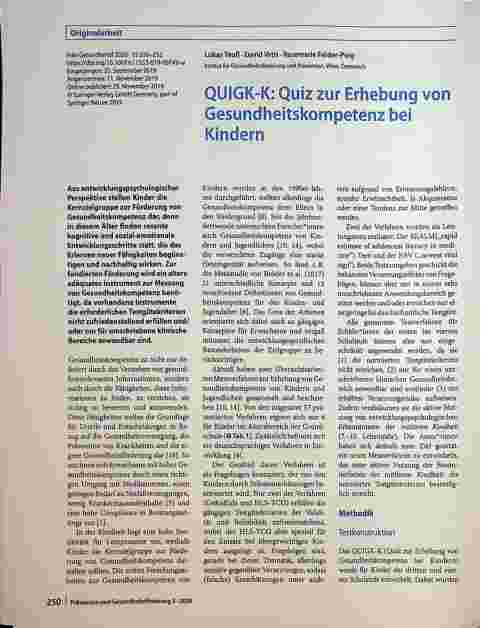 Vorschauseite 1: QUIGK-K: Quiz zur Erhebung von Gesundheitskompetenz bei Kindern