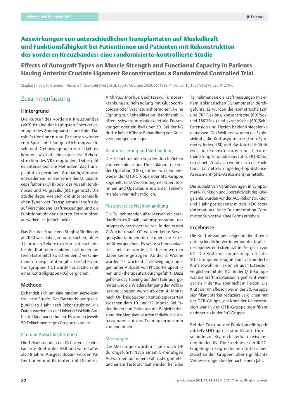 Vorschauseite 1: Auswirkungen von unterschiedlichen Transplantaten auf Muskelkraft und Funktionsfähigkeit bei Patientinnen und Patienten mit Rekonstruktion des vorderen Kreuzbandes: eine randomisi…