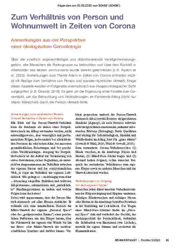 Vorschauseite 2: Zum Verhältnis von Person und Wohnumwelt in Zeiten von Corona: Anmerkungen aus der Perspektive einer ökologischen Gerontologie.