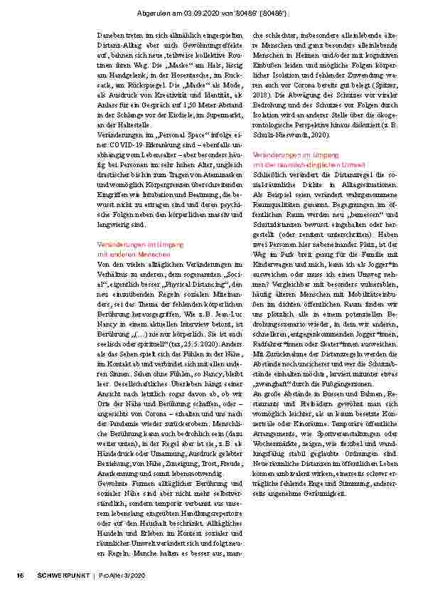 Vorschauseite 3: Zum Verhältnis von Person und Wohnumwelt in Zeiten von Corona: Anmerkungen aus der Perspektive einer ökologischen Gerontologie.