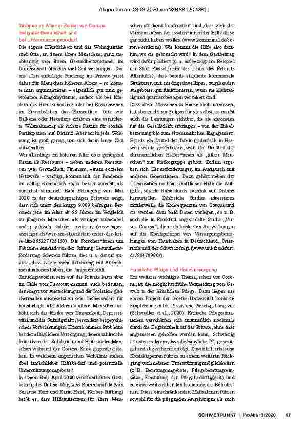 Vorschauseite 4: Zum Verhältnis von Person und Wohnumwelt in Zeiten von Corona: Anmerkungen aus der Perspektive einer ökologischen Gerontologie.