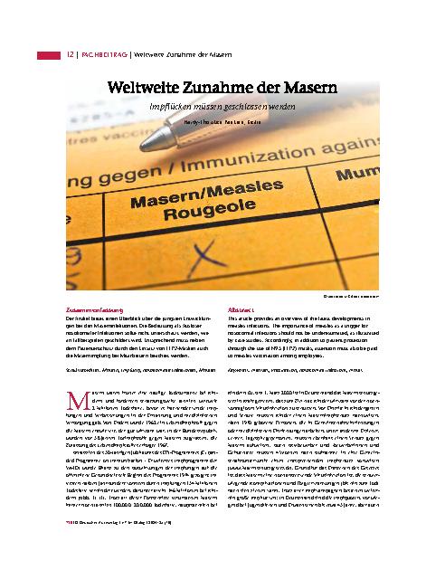 Vorschauseite 1: Weltweite Zunahme der Masern. Impflücken müssen geschlossen werden.