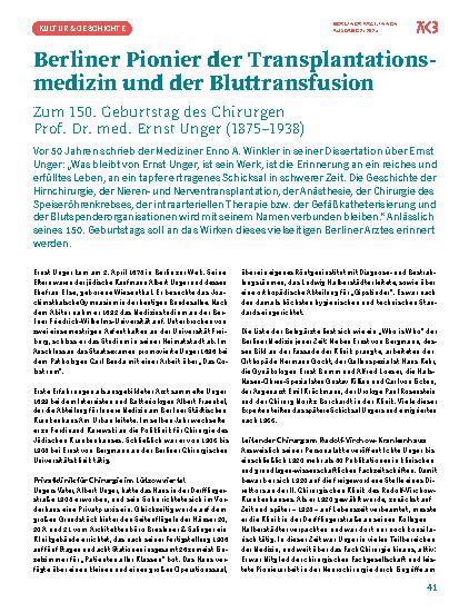 Vorschauseite 1: Berliner Pionier der Transplantationsmedizin und der Bluttransfusion