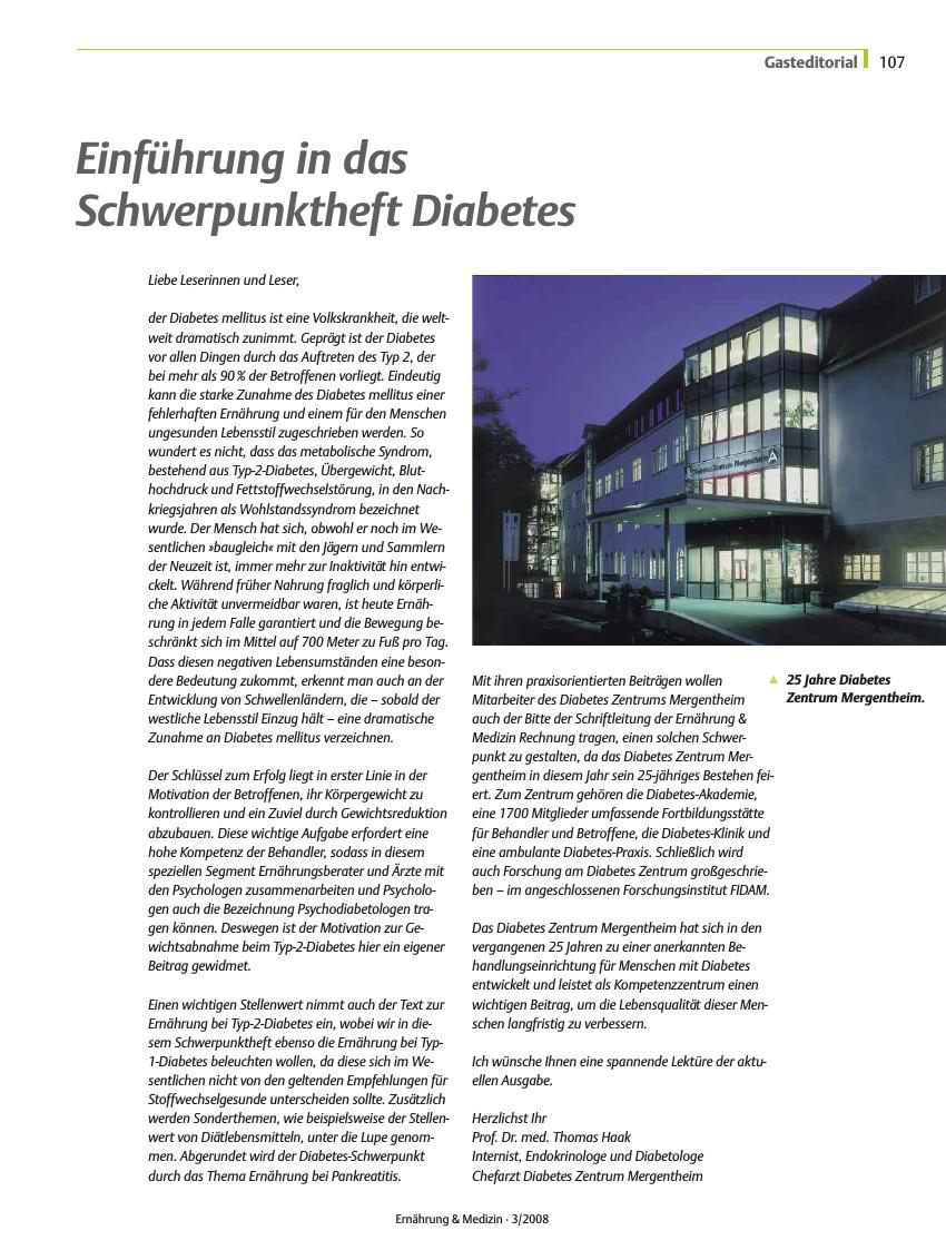 Vorschauseite 1: Einführung in das Schwerpunktheft Diabetes