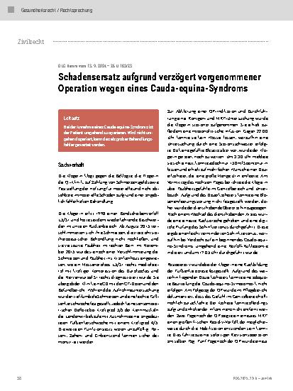 Vorschauseite 1: Schadensersatz aufgrund verzögert vorgenommener Operation wegen eines Cauda-equina-Syndroms