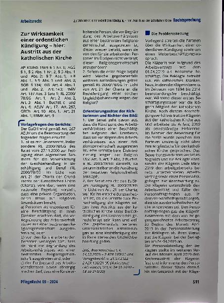 Vorschauseite 1: Zur Wirksamkeit einer ordentlichen Kündigung - hier: Austritt aus der katholischen Kirche