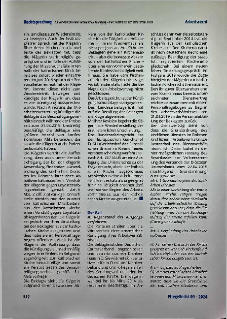 Vorschauseite 2: Zur Wirksamkeit einer ordentlichen Kündigung - hier: Austritt aus der katholischen Kirche