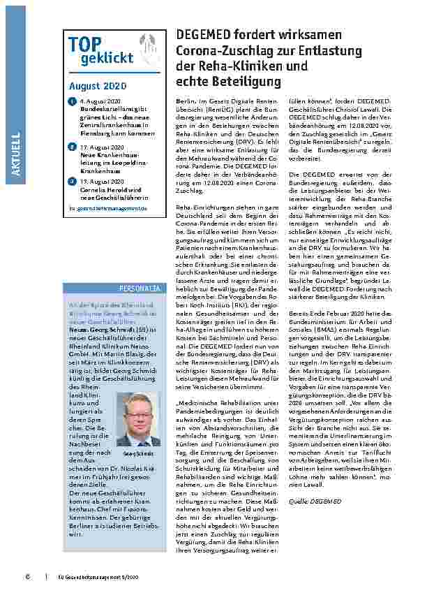 Vorschauseite 1: DEGEMED fordert wirksamen Corona-Zuschlag zur Entlastung der Reha-Kliniken und echte Beteiligung