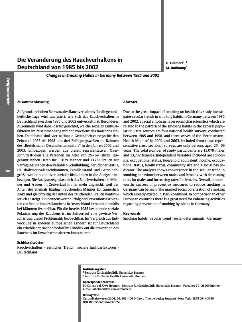 Vorschauseite 1: Die Veränderung des Rauchverhaltens in Deutschland von 1985 bis 2002
