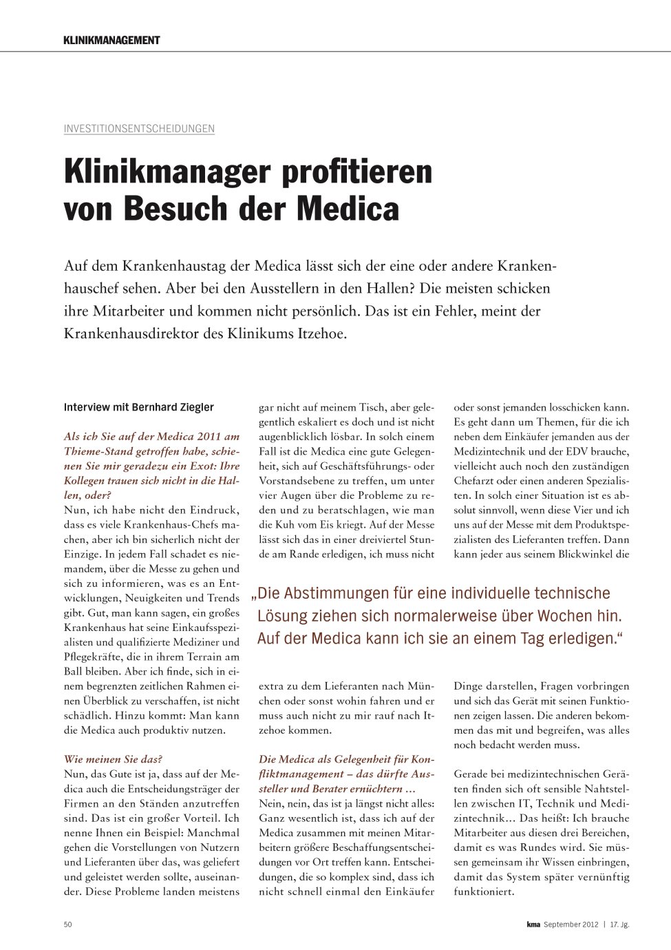 Vorschauseite 1: Klinikmanager profitieren von Besuch der Medica