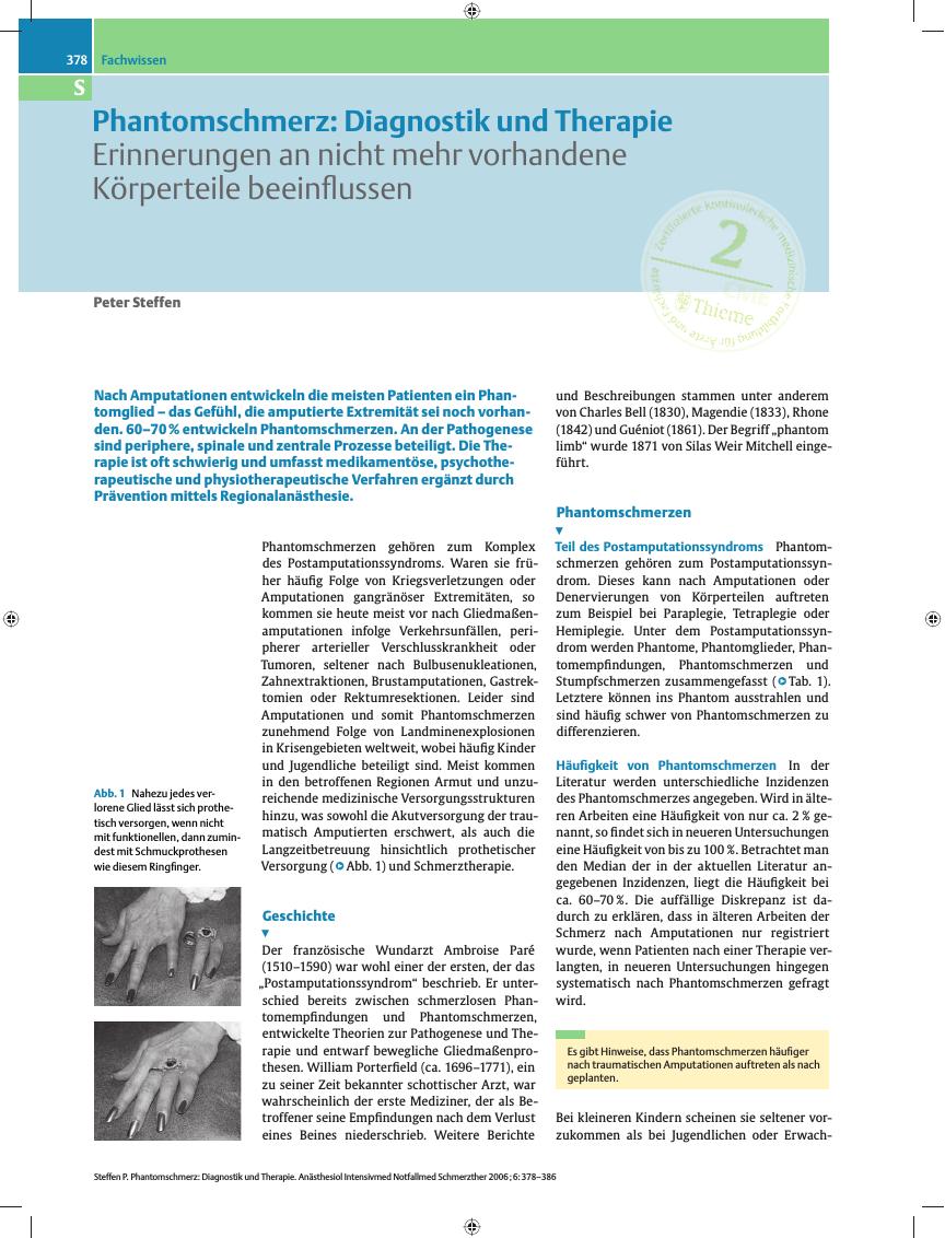 Vorschauseite 1: Phantomschmerz - Diagnostik und Therapie - Erinnerungen an nicht mehr vorhandene Körperteile beeinflussen