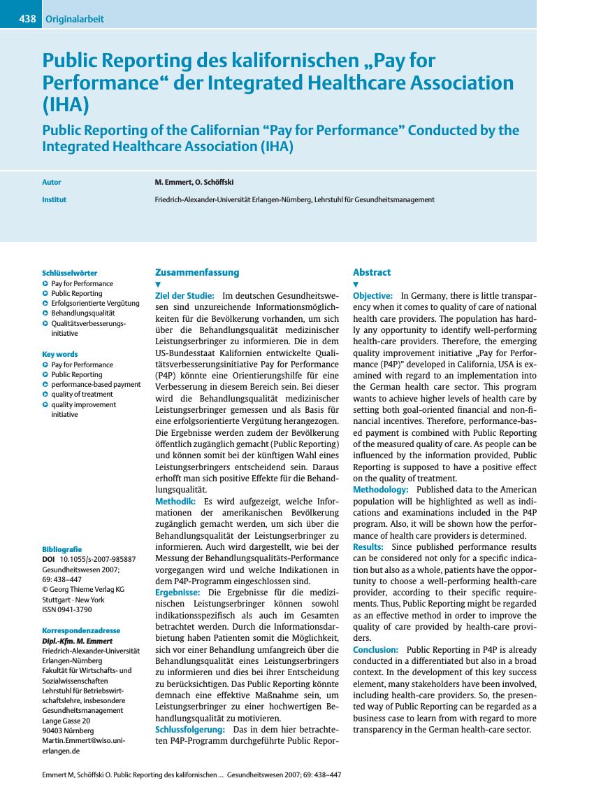 Vorschauseite 1: Public Reporting des kalifornischen „Pay for Performance” der Integrated Healthcare Association (IHA)