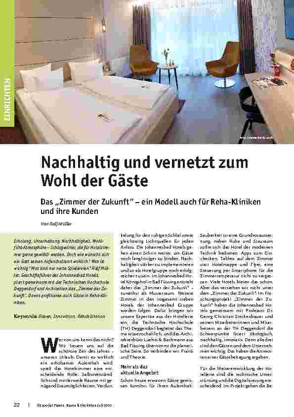 Vorschauseite 1: Nachhaltig und vernetzt zum Wohl der Gäste. Das „Zimmer der Zukunft“ – ein Modell auch für Reha-Kliniken und ihre Kunden.