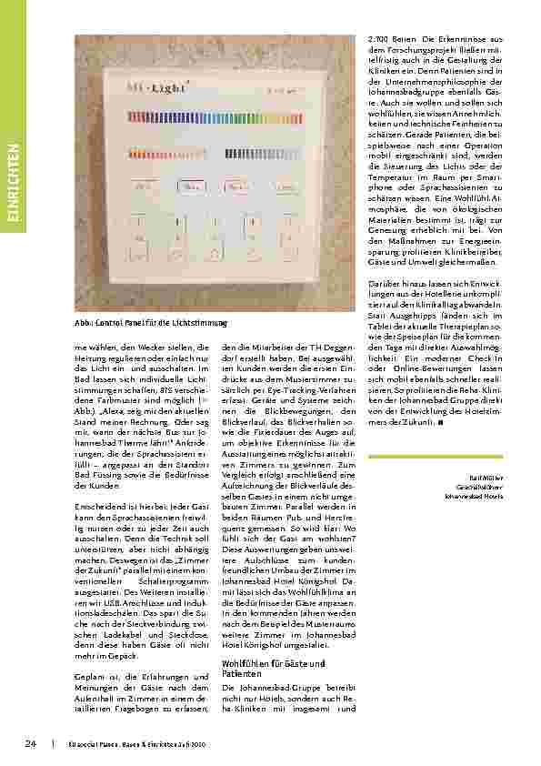 Vorschauseite 3: Nachhaltig und vernetzt zum Wohl der Gäste. Das „Zimmer der Zukunft“ – ein Modell auch für Reha-Kliniken und ihre Kunden.