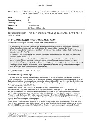 Vorschauseite 1: Zur Zuständigkeit – Art. 5, 7 und 13 ErwSÜ; §§ 26, 34 Abs. 3, 104 Abs. 1 Satz 1 FamFG