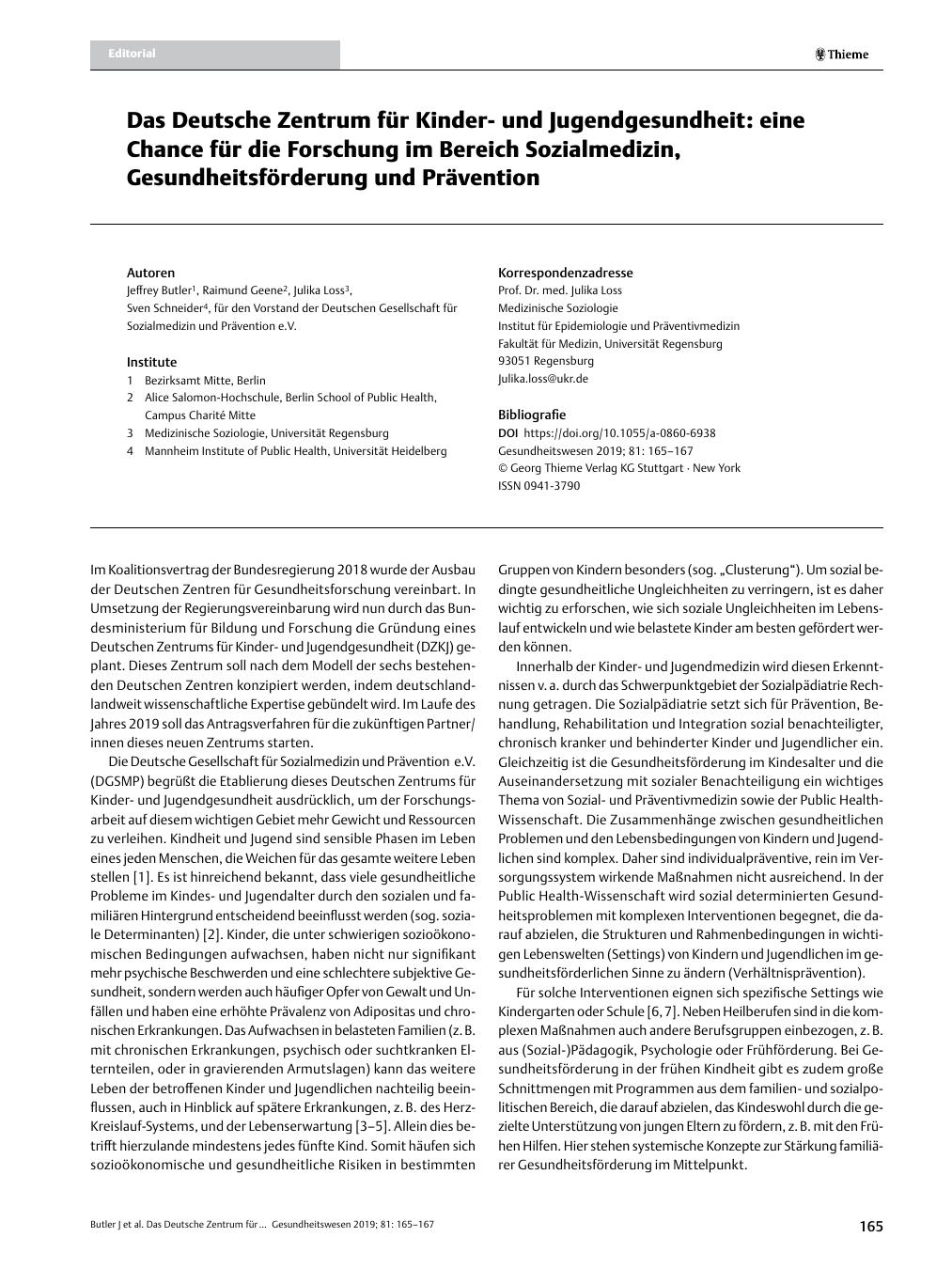 Vorschauseite 1: Das Deutsche Zentrum für Kinderund Jugendgesundheit: eine Chance für die Forschung im Bereich Sozialmedizin, Gesundheitsförderung und Prävention