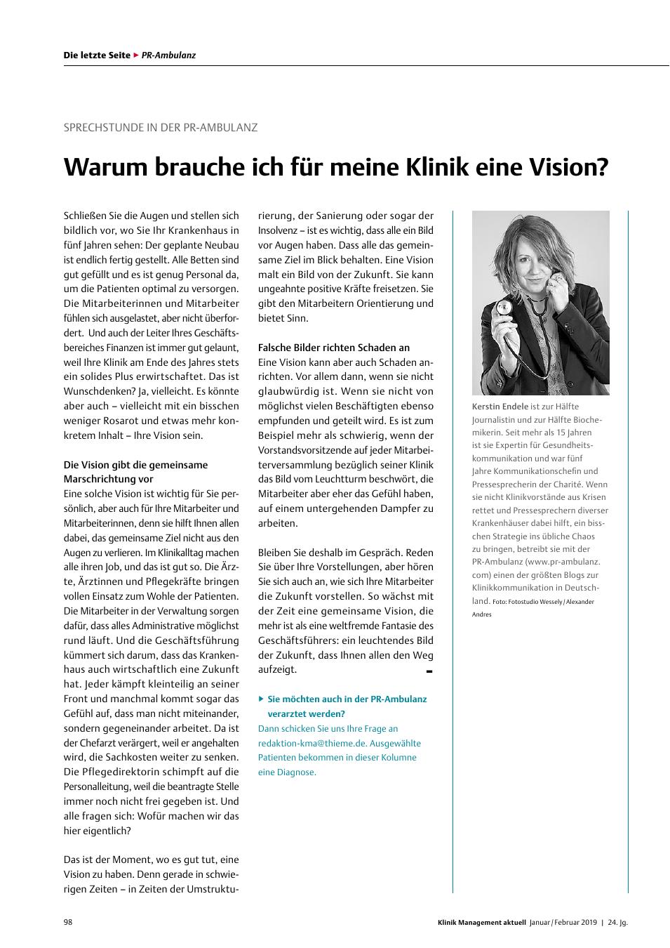 Vorschauseite 1: Sprechstunde in der PR-Ambulanz: Warum brauche ich für meine Klinik eine Vision?