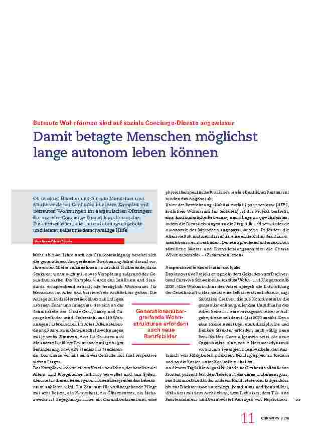 Vorschauseite 1: Betreute Wohnformen sind auf soziale Concierge-Dienste angewiesen. Damit betagte Menschen möglichst lange autonom leben können.