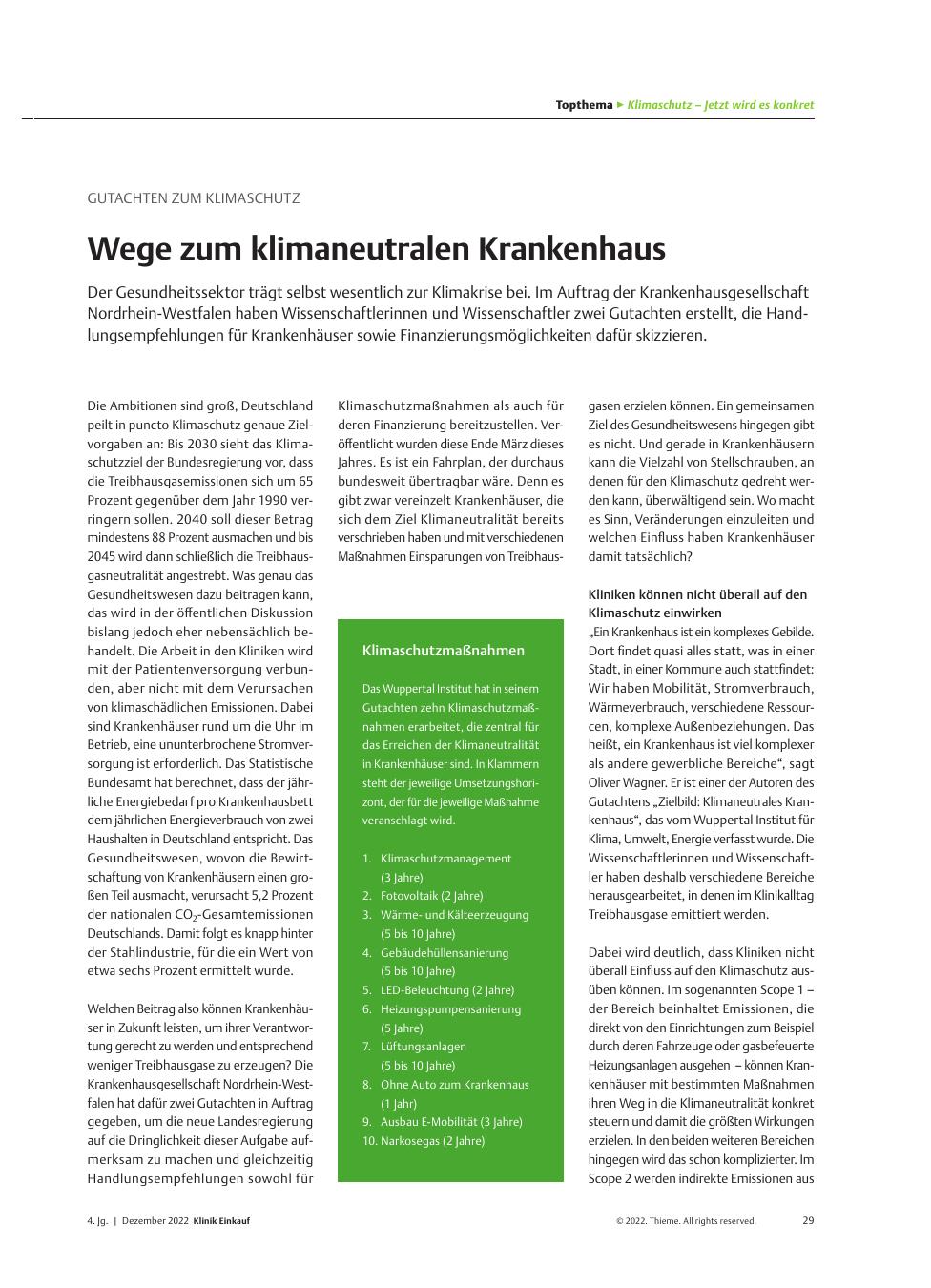 Vorschauseite 1: Gutachten zum Klimaschutz: Wege zum klimaneutralen Krankenhaus