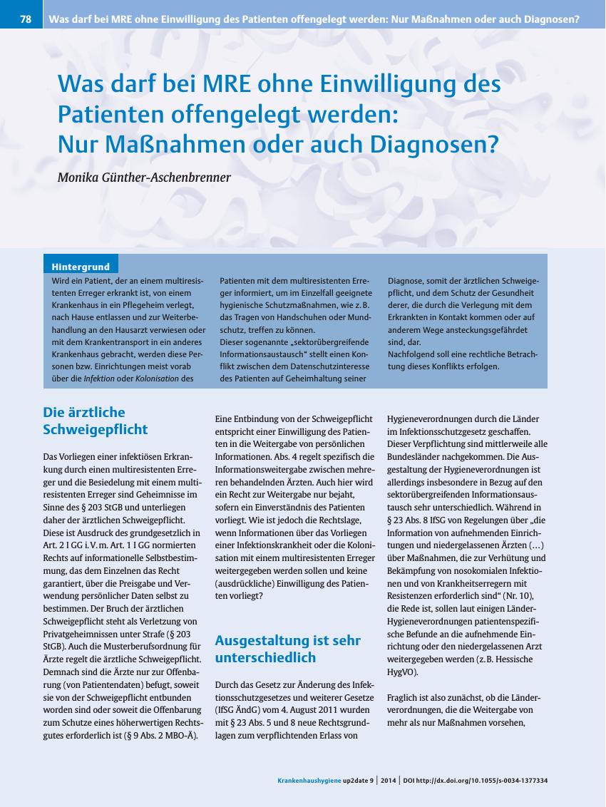 Vorschauseite 1: Was darf bei MRE ohne Einwilligung des Patienten offengelegt werden: Nur Maßnahmen oder auch Diagnosen?