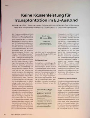 Vorschauseite 1: Keine Kassenleistung für Transplantation im EU-Ausland