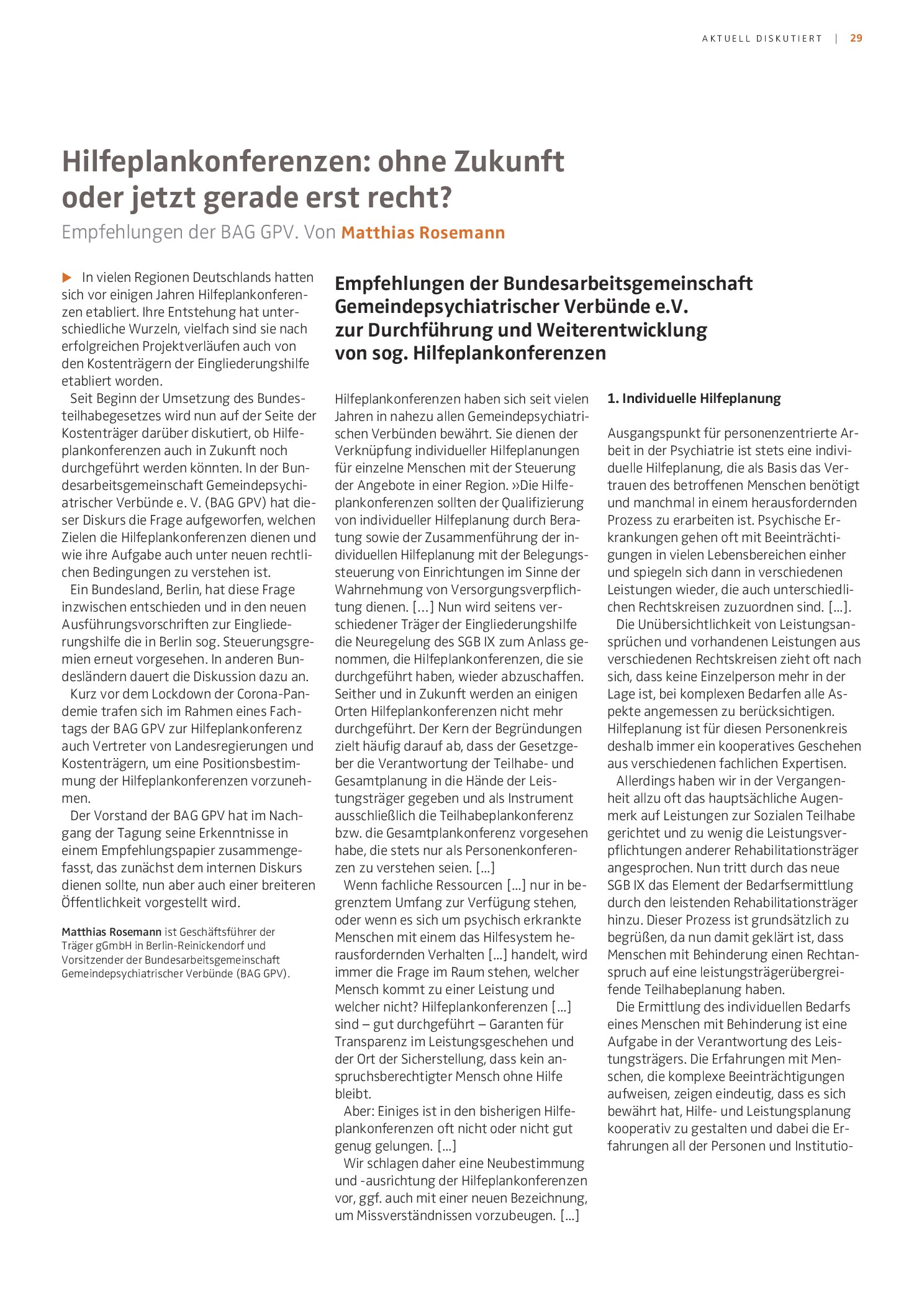 Vorschauseite 1: Hilfeplankonferenzen: ohne Zukunft oder jetzt gerade erst recht? Empfehlungen der BAG GPV