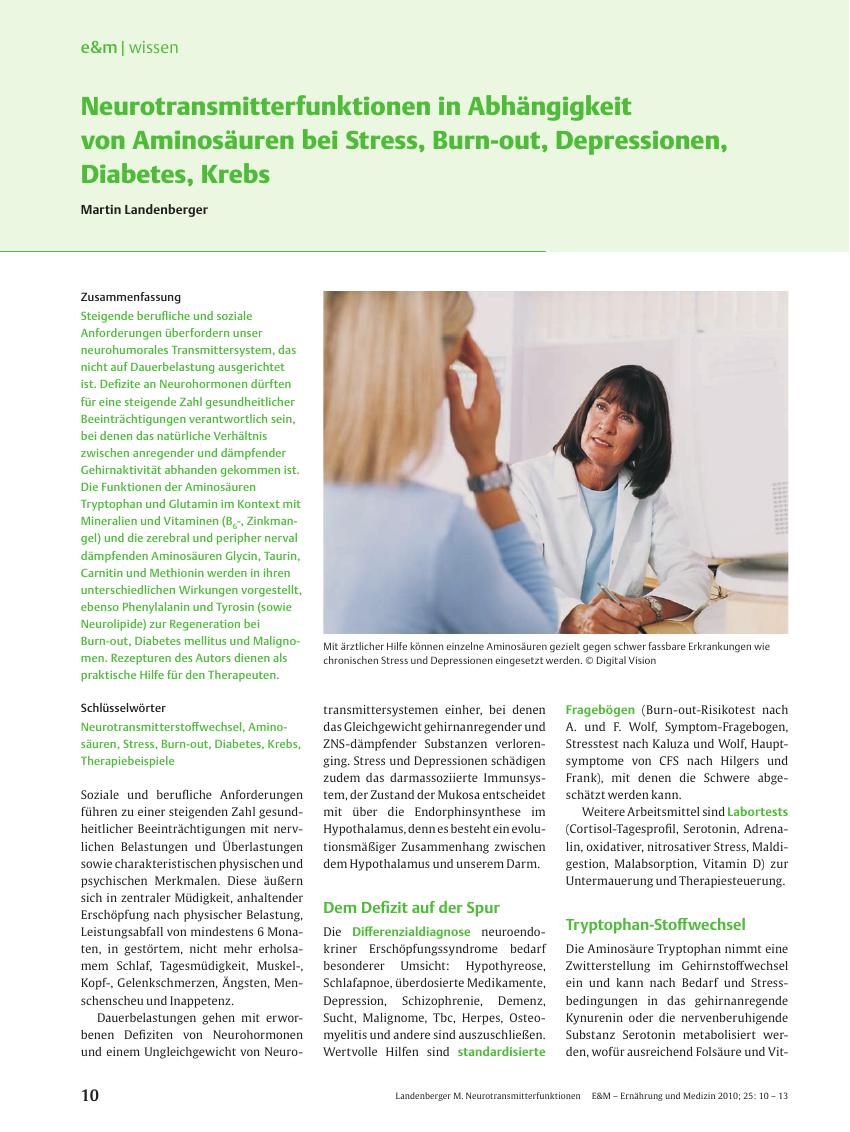 Vorschauseite 1: Neurotransmitterfunktionen in Abhängigkeit von Aminosäuren bei Stress, Burn-out, Depressionen, Diabetes, Krebs