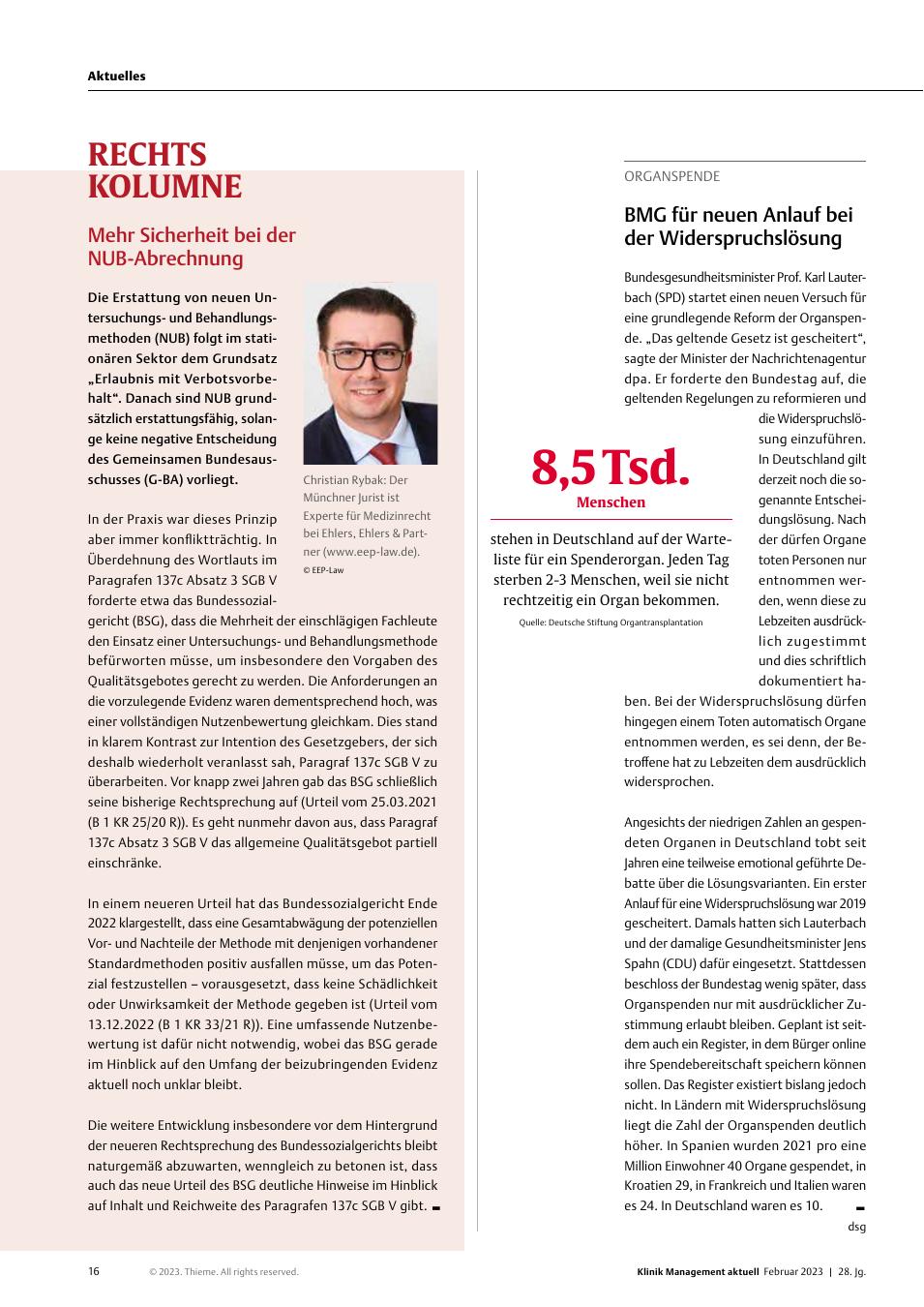 Vorschauseite 1: Organspende: BMG für neuen Anlauf bei der Widerspruchslösung