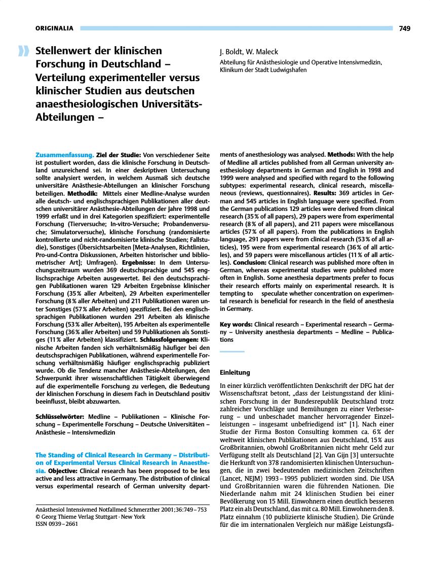 Vorschauseite 1: Stellenwert der klinischen Forschung in Deutschland - Verteilung experimenteller versus klinischer Studien aus deutschen anaesthesiologischen Universitäts-Abteilungen
