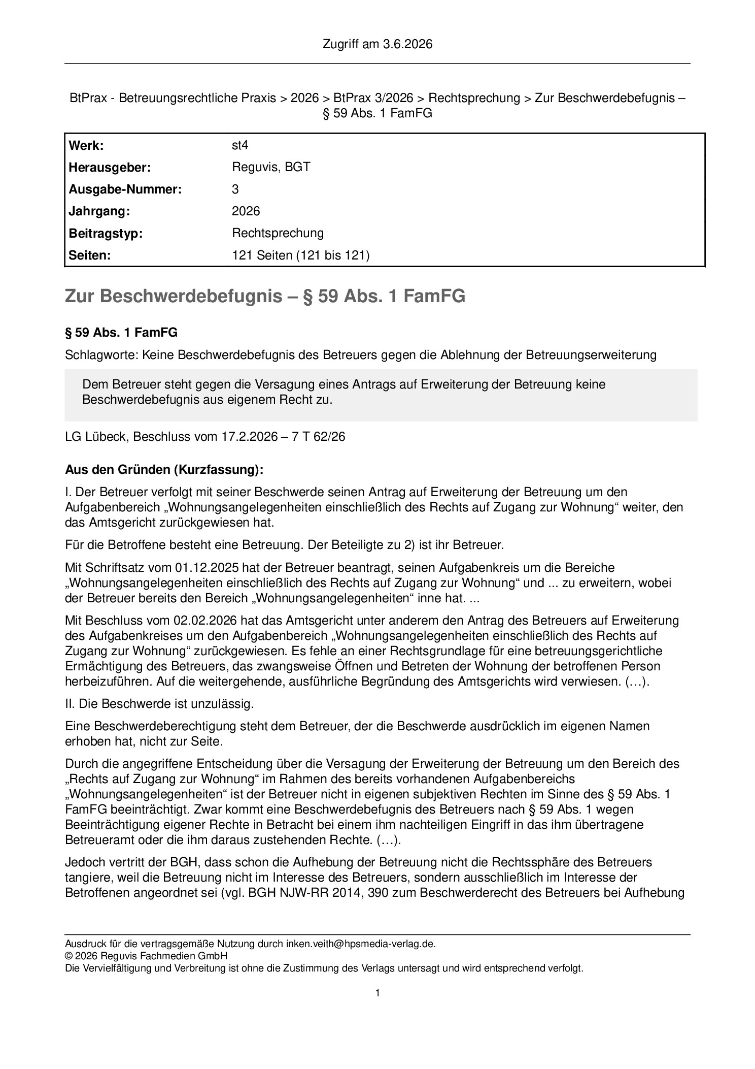 Vorschauseite 1: Zur Beschwerdebefugnis – § 59 Abs. 1 FamFG