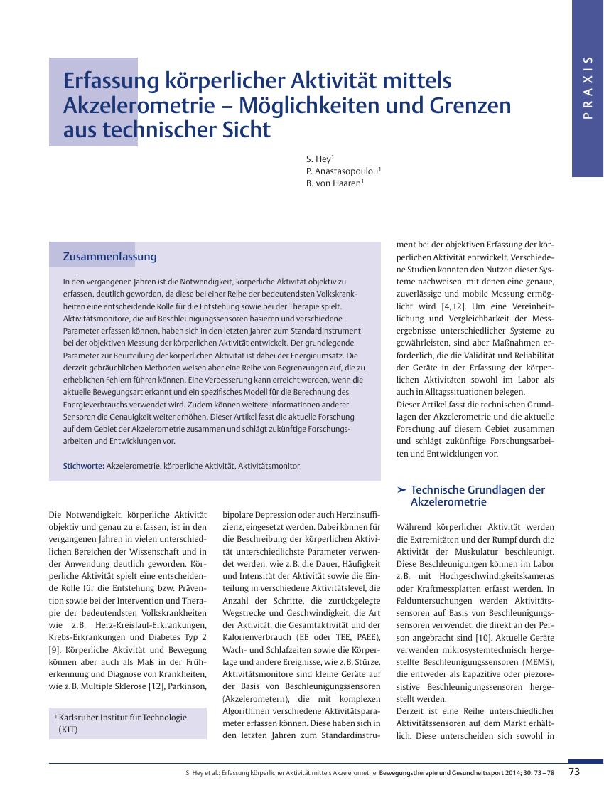 Vorschauseite 1: Erfassung körperlicher Aktivität mittels Akzelerometrie – Möglichkeiten und Grenzen aus technischer Sicht