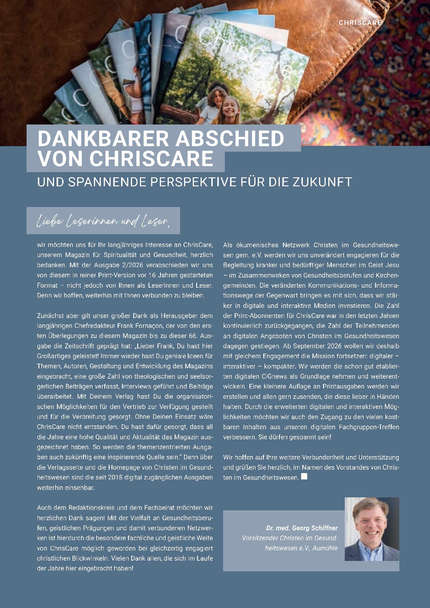 Vorschauseite 1: Dankbarer Abschied von ChrisCare und spannende Perspektive für die Zukunft