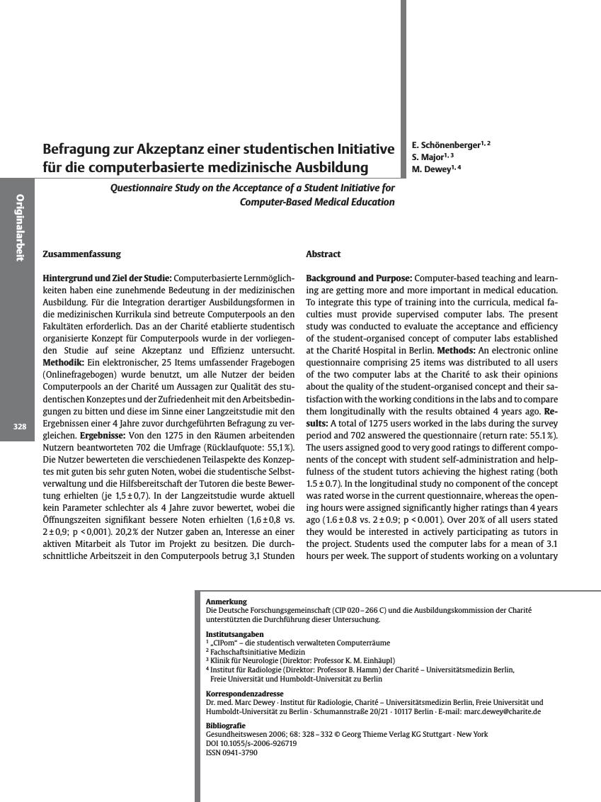 Vorschauseite 1: Befragung zur Akzeptanz einer studentischen Initiative für die computerbasierte medizinische Ausbildung