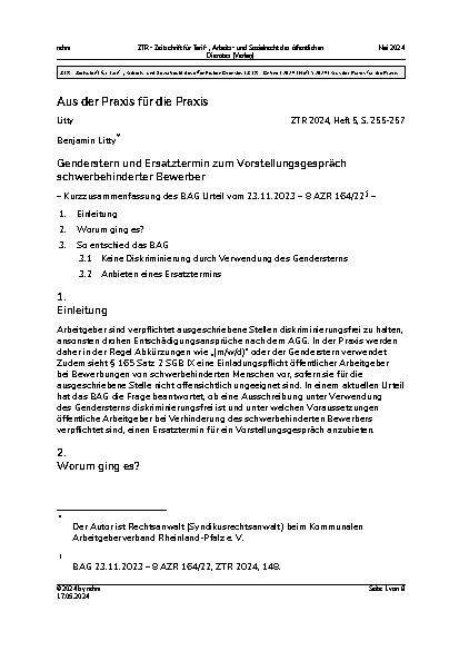 Vorschauseite 1: Aus der Praxis für die Praxis: Genderstern und Ersatztermin zum Vorstellungsgespräch schwerbehinderter Bewerber.