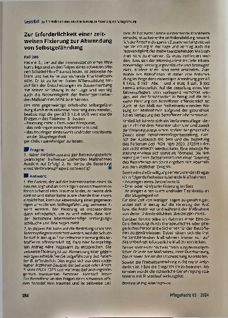 Vorschauseite 1: Zur Erforderlichkeit einer zeitweisen Fixierung zur Abwendung von Selbstgefährdung