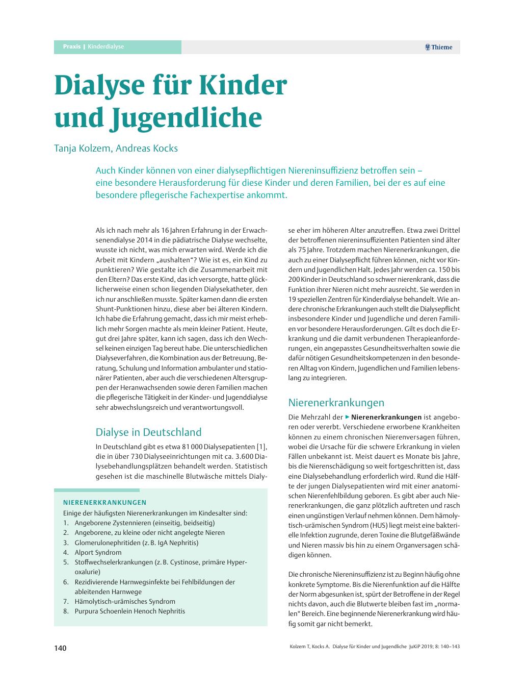 Vorschauseite 1: Dialyse für Kinder und Jugendliche
