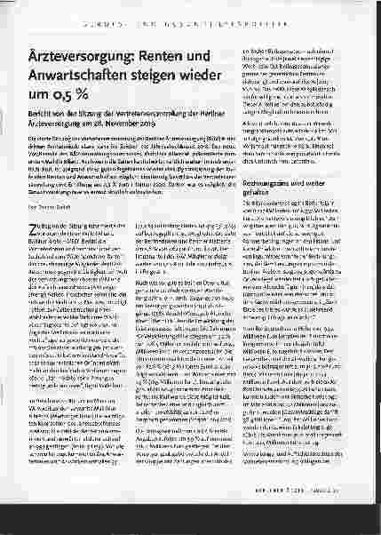 Vorschauseite 1: Ärzteversorgung: Renten und Anwartschaften steigen wieder um 0,5 % – Bericht von der Sitzung der Vertreterversammlung der Berliner Ärzteversorgung am 28. November 2019