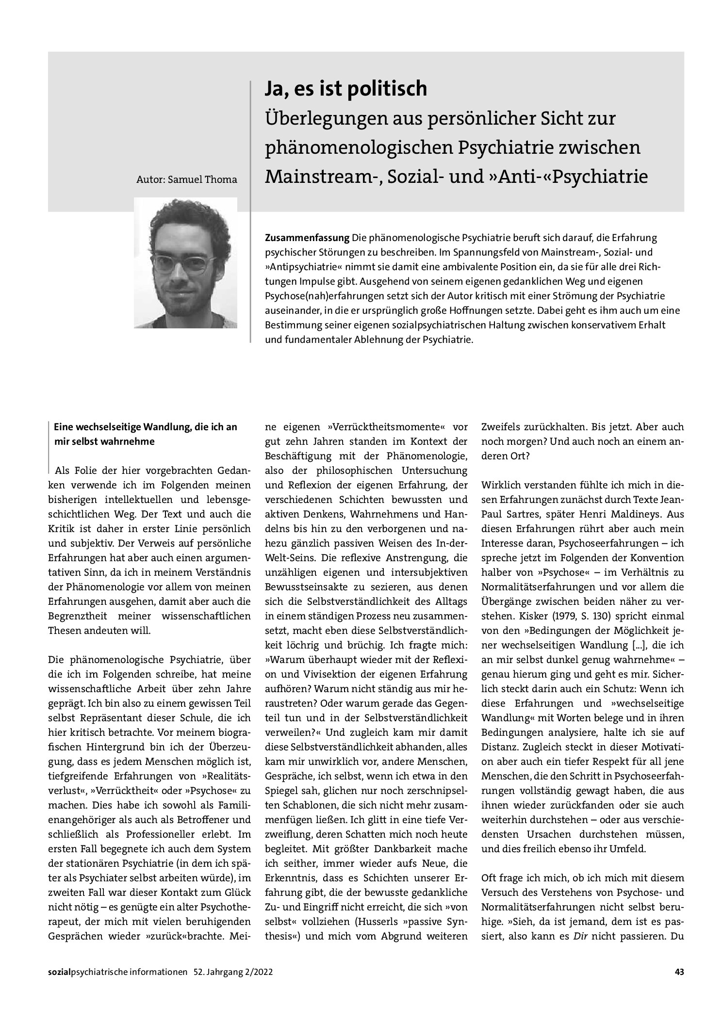 Vorschauseite 1: Ja, es ist politisch. Überlegungen aus persönlicher Sicht zur phänomenologischen Psychiatrie zwischen Mainstream-, Sozial- und »Anti«-Psychiatrie