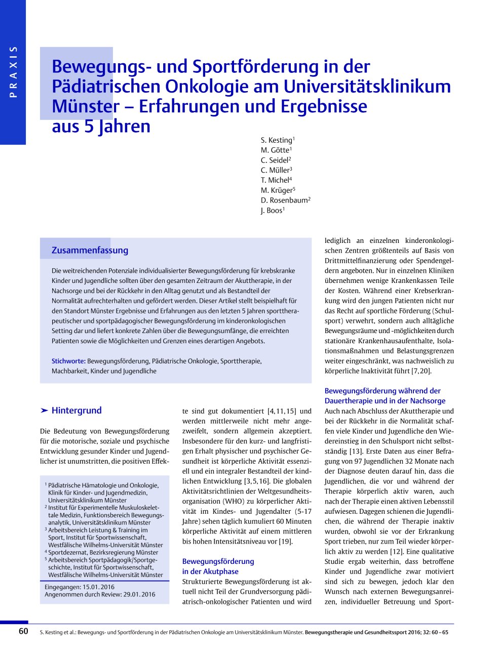 Vorschauseite 1: Bewegungsund Sportförderung in der Pädiatrischen Onkologie am Universitätsklinikum Münster – Erfahrungen und Ergebnisse aus 5 Jahren