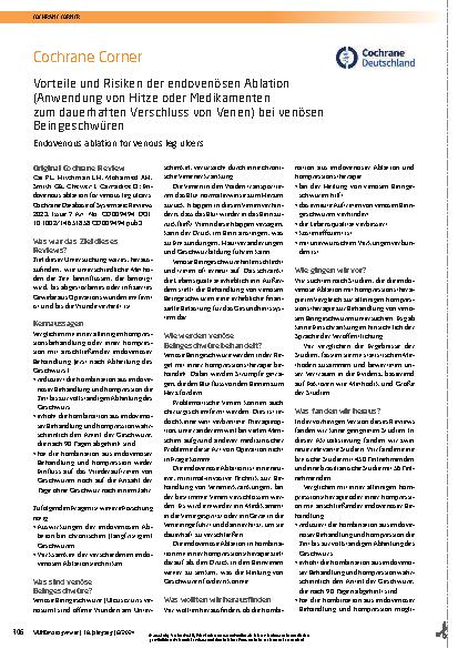 Vorschauseite 1: Vorteile und Risiken der endovenösen Ablation (Anwendung von Hitze oder Medikamenten zum dauerhaften Verschluss von Venen) bei venösen Beingeschwüren