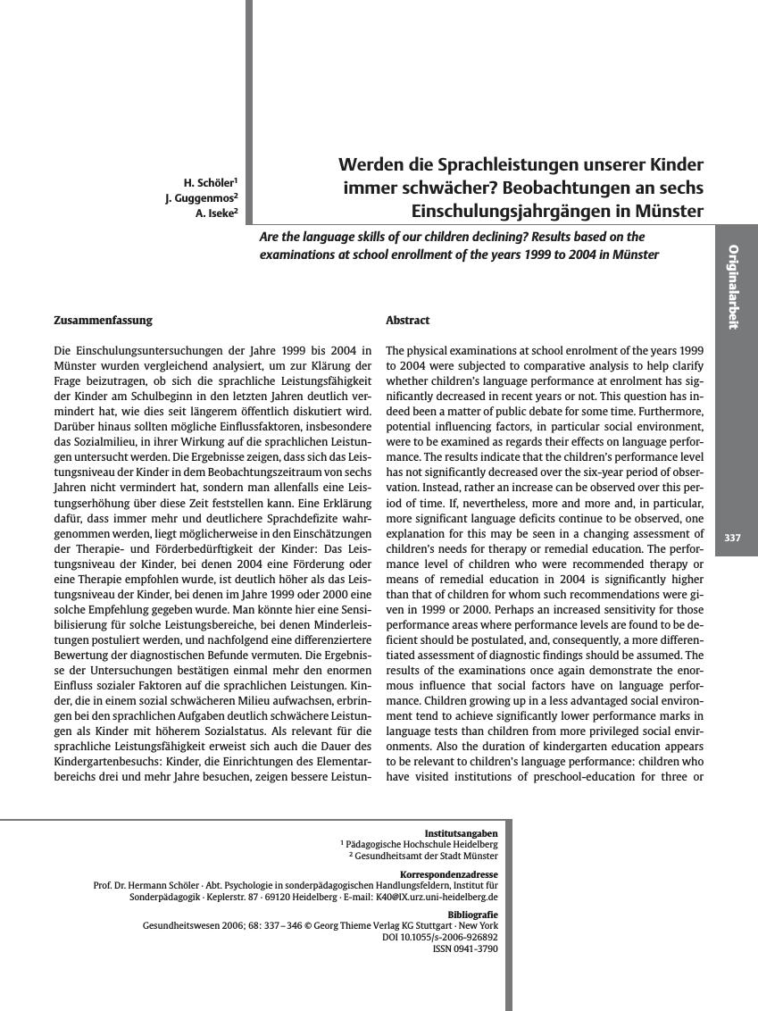 Vorschauseite 1: Werden die Sprachleistungen unserer Kinder immer schwächer? Beobachtungen an sechs Einschulungsjahrgängen in Münster