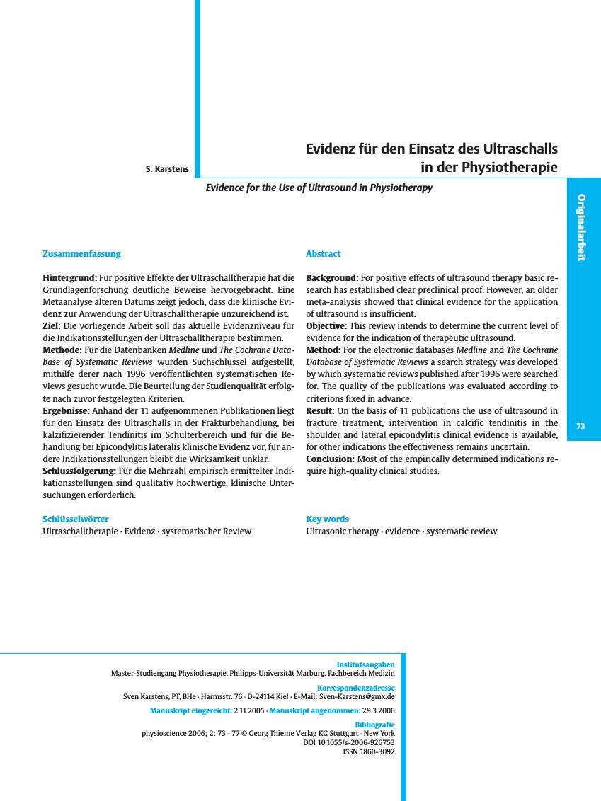 Vorschauseite 1: Evidenz für den Einsatz des Ultraschalls in der Physiotherapie