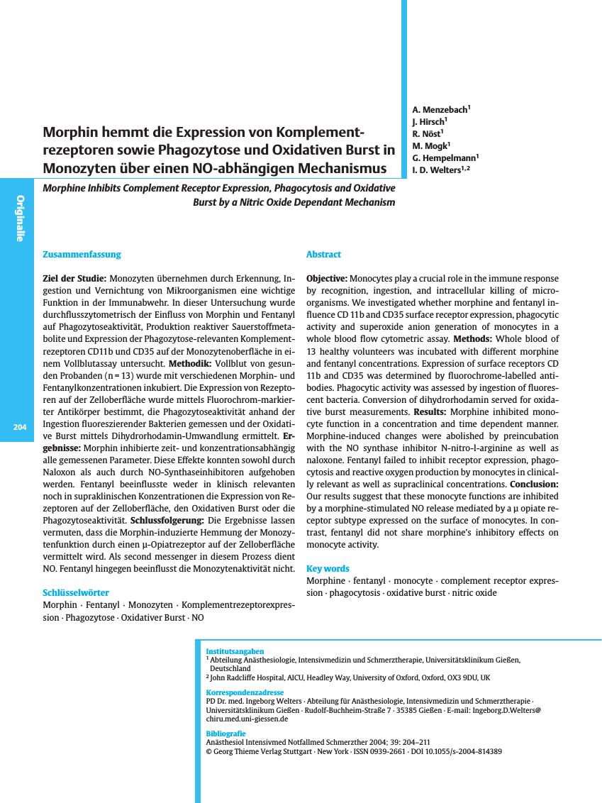 Vorschauseite 1: Morphin hemmt die Expression von Komplementrezeptoren sowie Phagozytose und Oxidativen Burst in Monozyten über einen NO-abhängigen Mechanismus