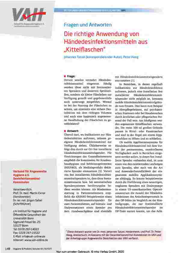 Vorschauseite 1: Die richtige Anwendung von Händedesinfektionsmitteln aus „Kittelflaschen“