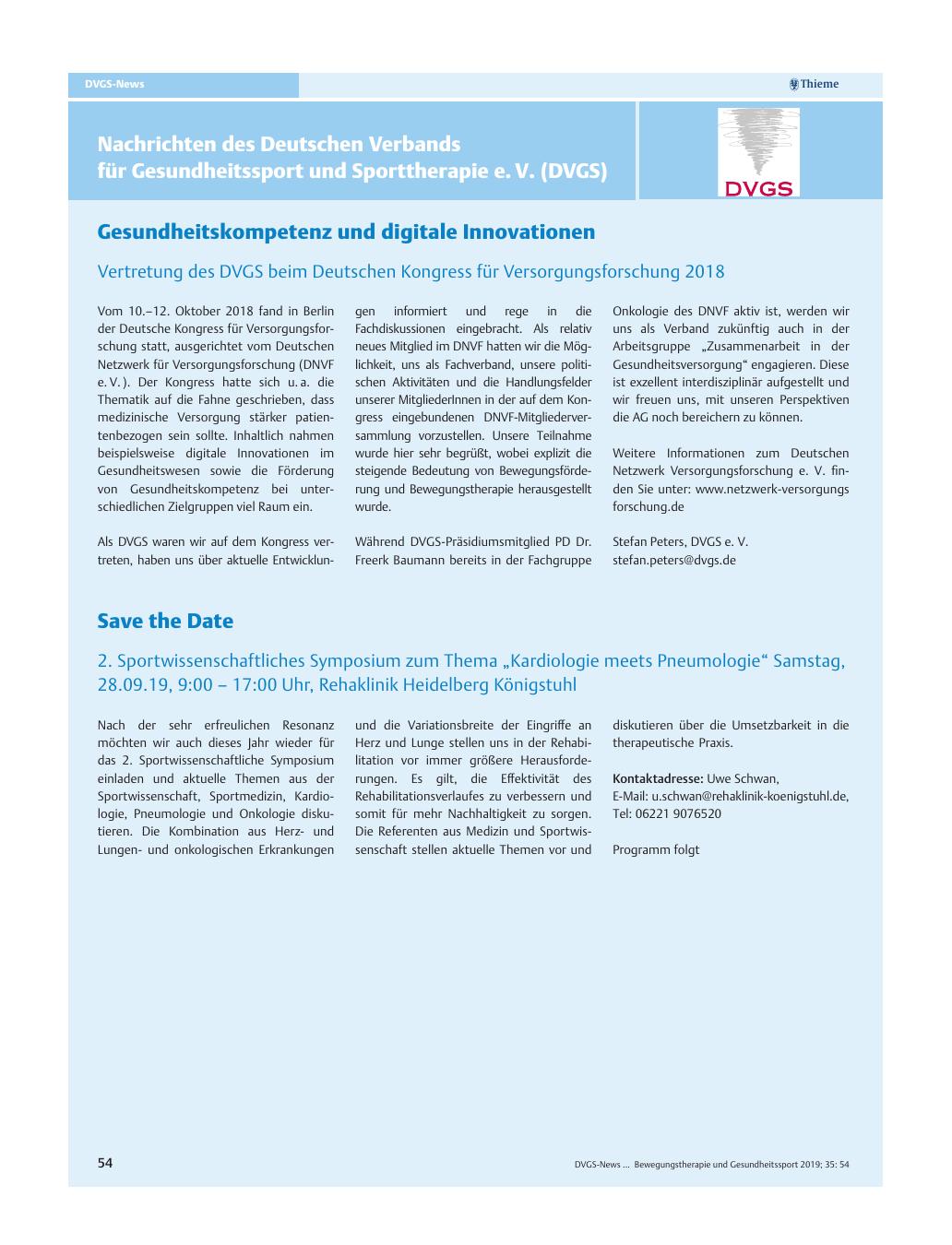 Vorschauseite 1: Nachrichten des Deutschen Verbands für Gesundheitssport und Sporttherapie e. V. (DVGS)